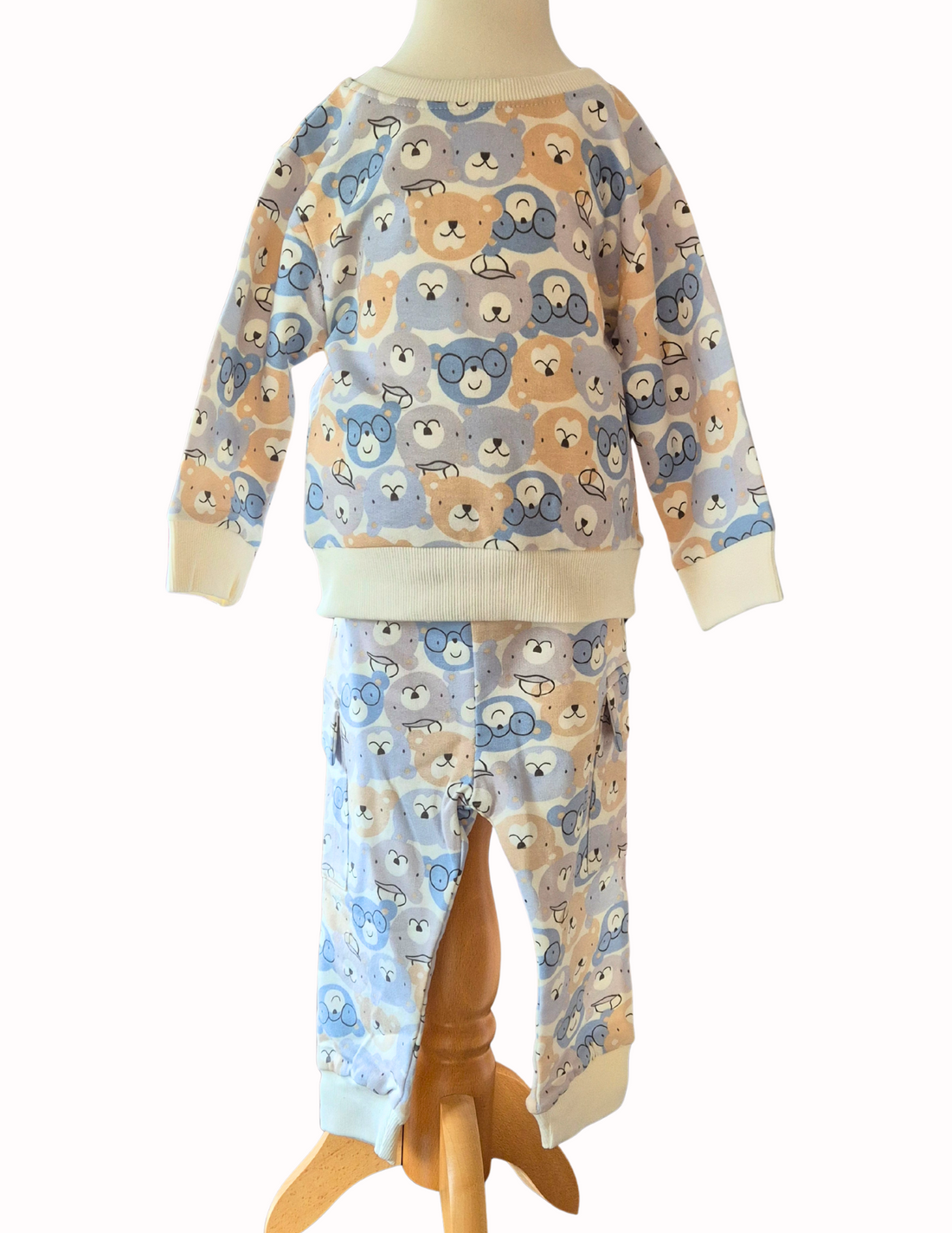 Teddy bear face sweatshirt and joggers on a white background'