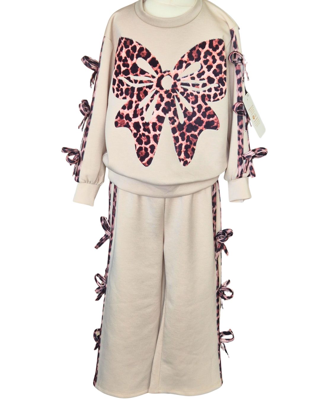 Girls stone animal print bow leisure suit with matching top and flared trousers