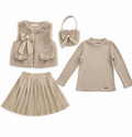 Girls mink beige faux fur gilet set with pleated skirt and handbag