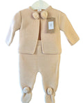 Soft beige knitted pom pom baby cardigan and trousers set