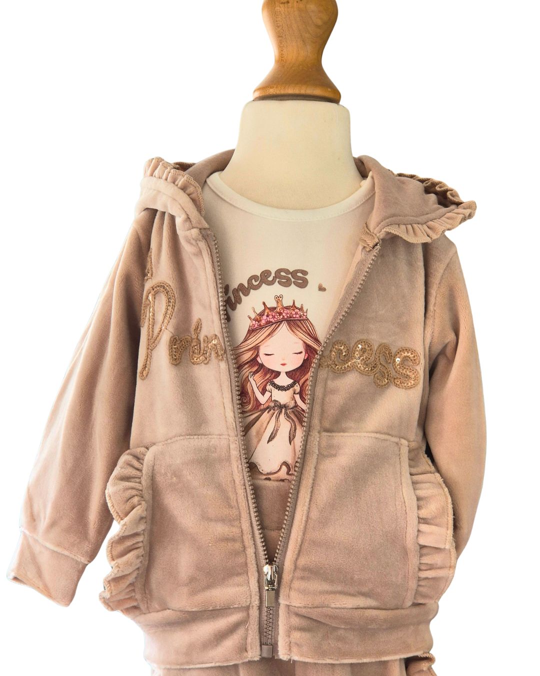 Girls beige velour princess outfit with sequin hoodie