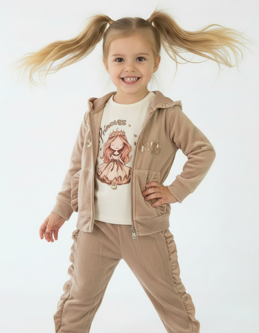 Girls beige velour ruffle 3 piece princess set with hoodie and trousers