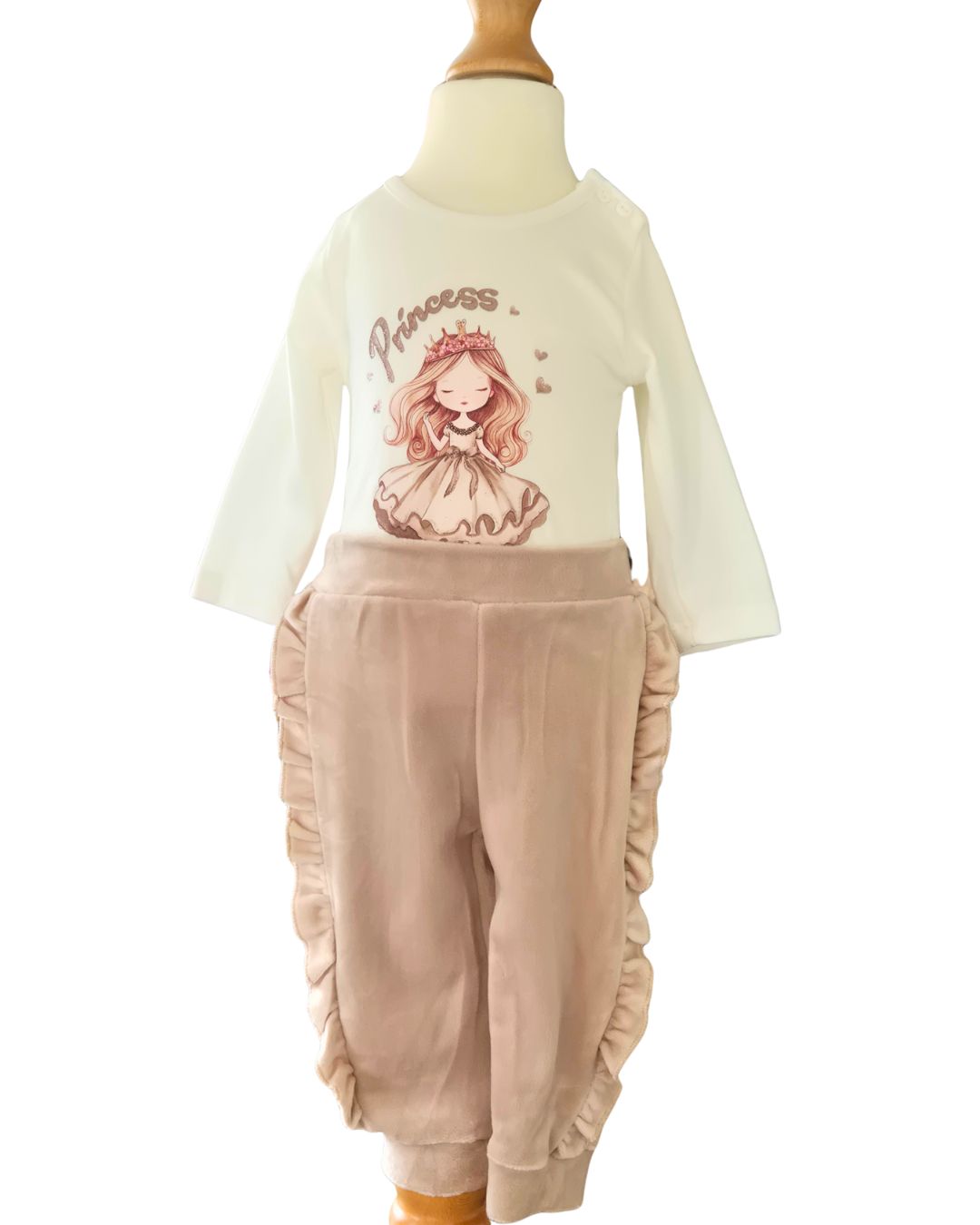 Girls cream princess top with beige velour trousers and hoodie