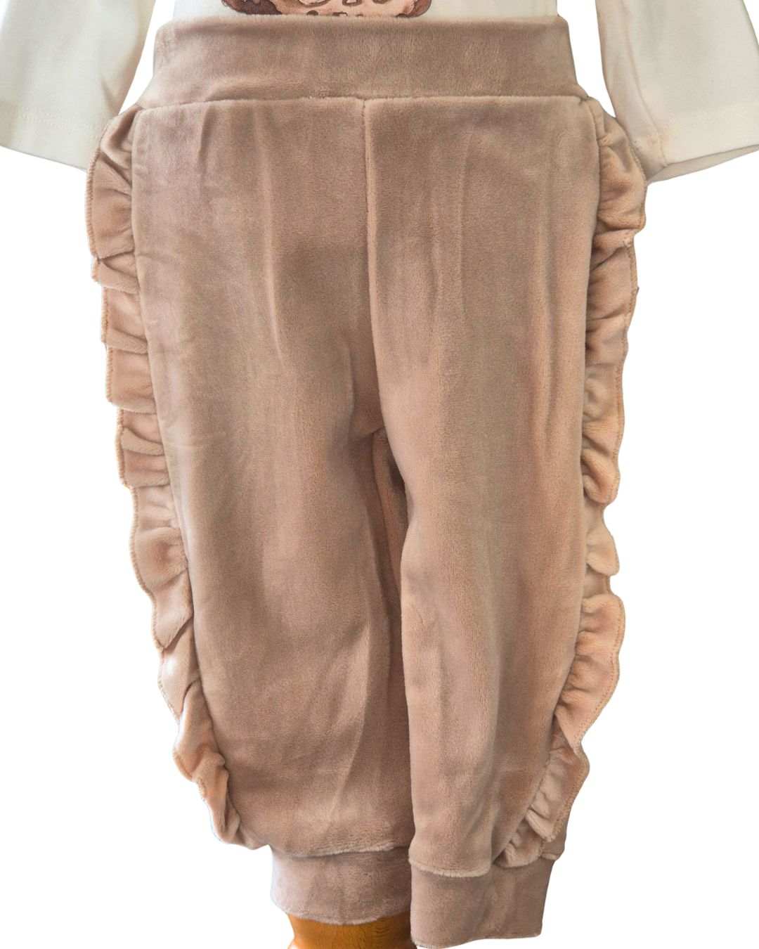 Girls beige velour ruffle outfit 6 months to 4 years