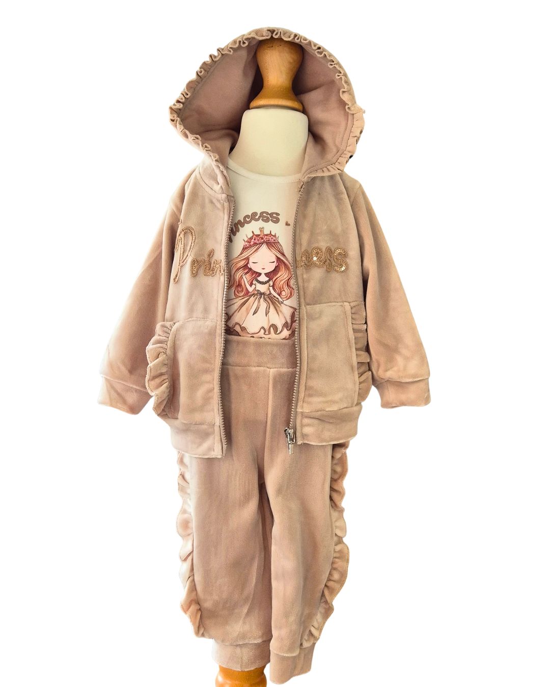Girls princess 3 piece outfit with beige velour ruffles