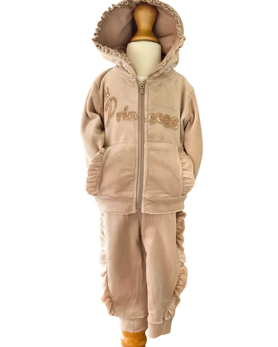 Girls beige velour ruffle hoodie and trousers outfit