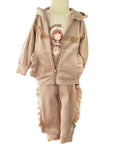 Girls beige velour princess hoodie trousers and top set