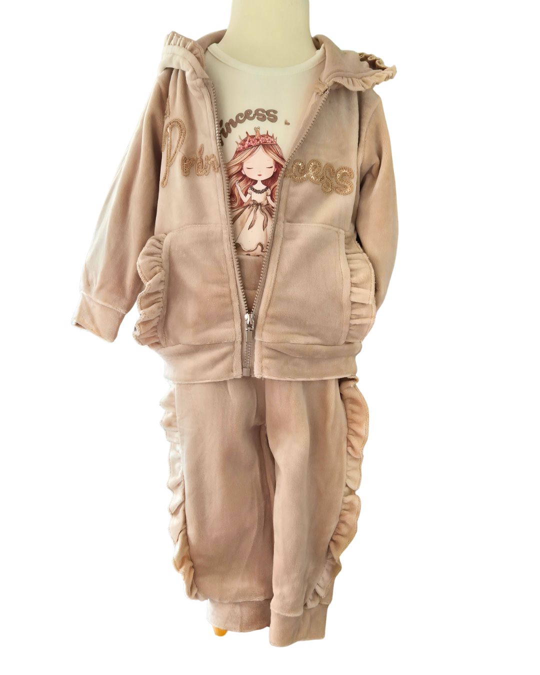 Girls beige velour princess hoodie trousers and top set