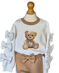 Girls cream sequin teddy bear top and beige trousers