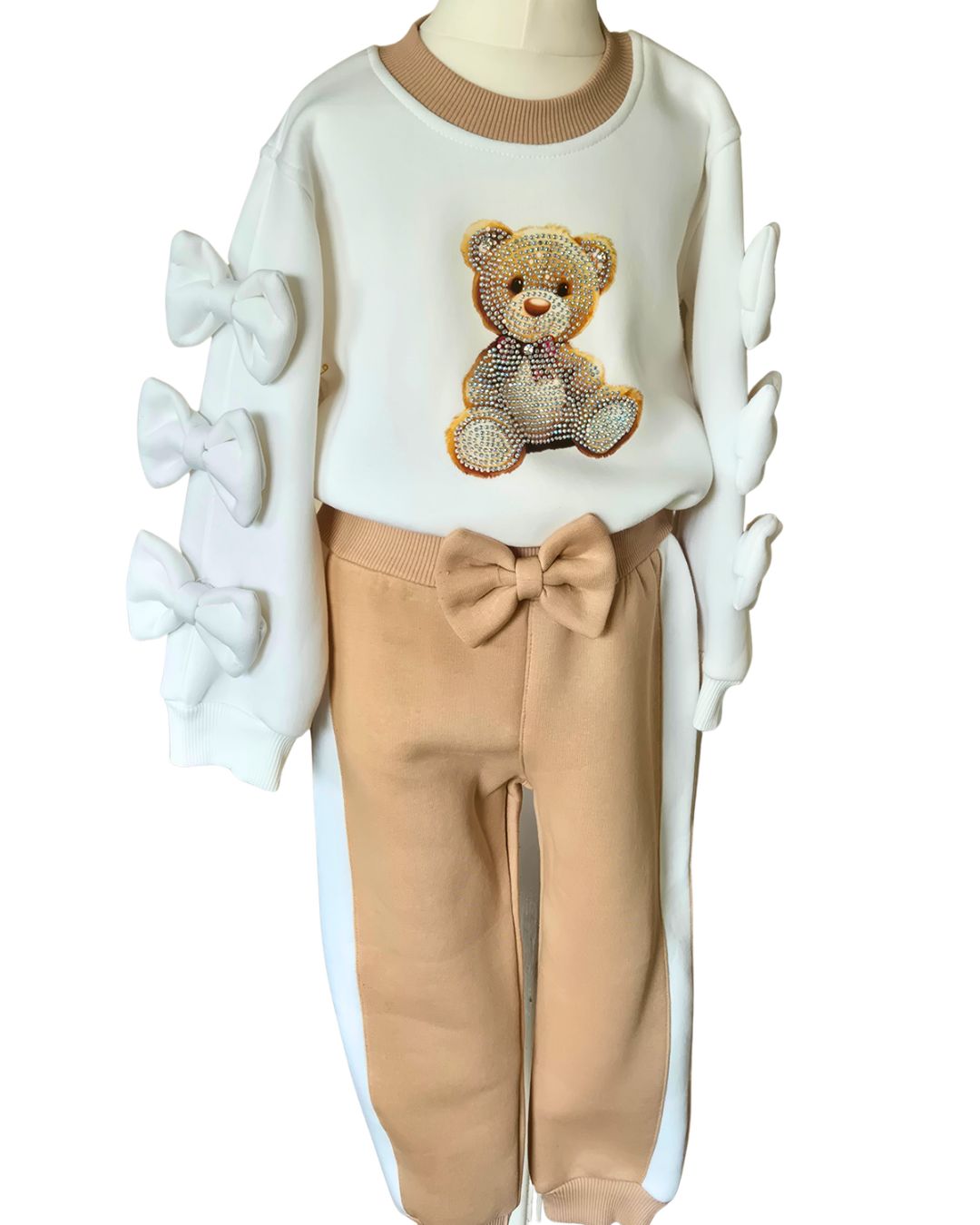 Girls cream sequin teddy bear top and beige trousers