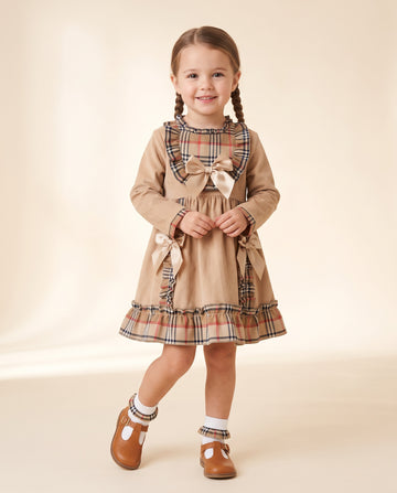 Girls beige cord and tartan dress with frills and bows