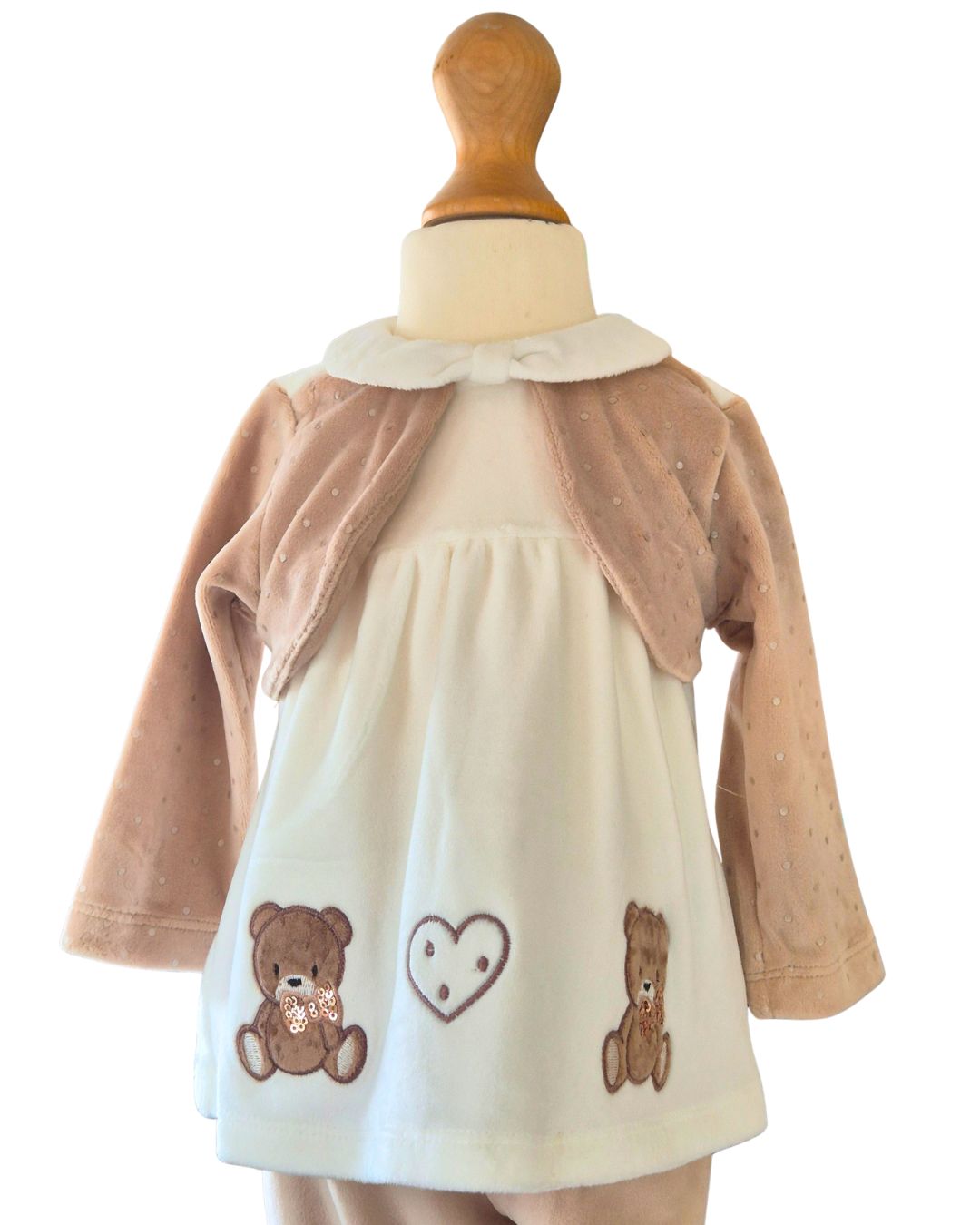 Girls beige velour teddy bear outfit with ivory swing top