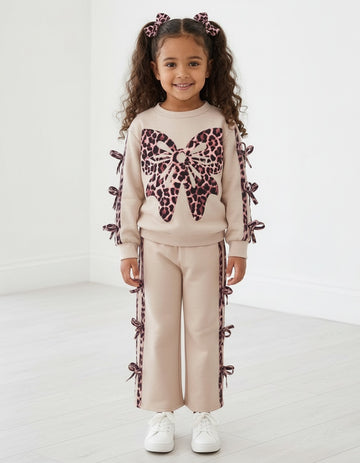 Girls stone animal print bow leisure suit with matching top and flared trousers