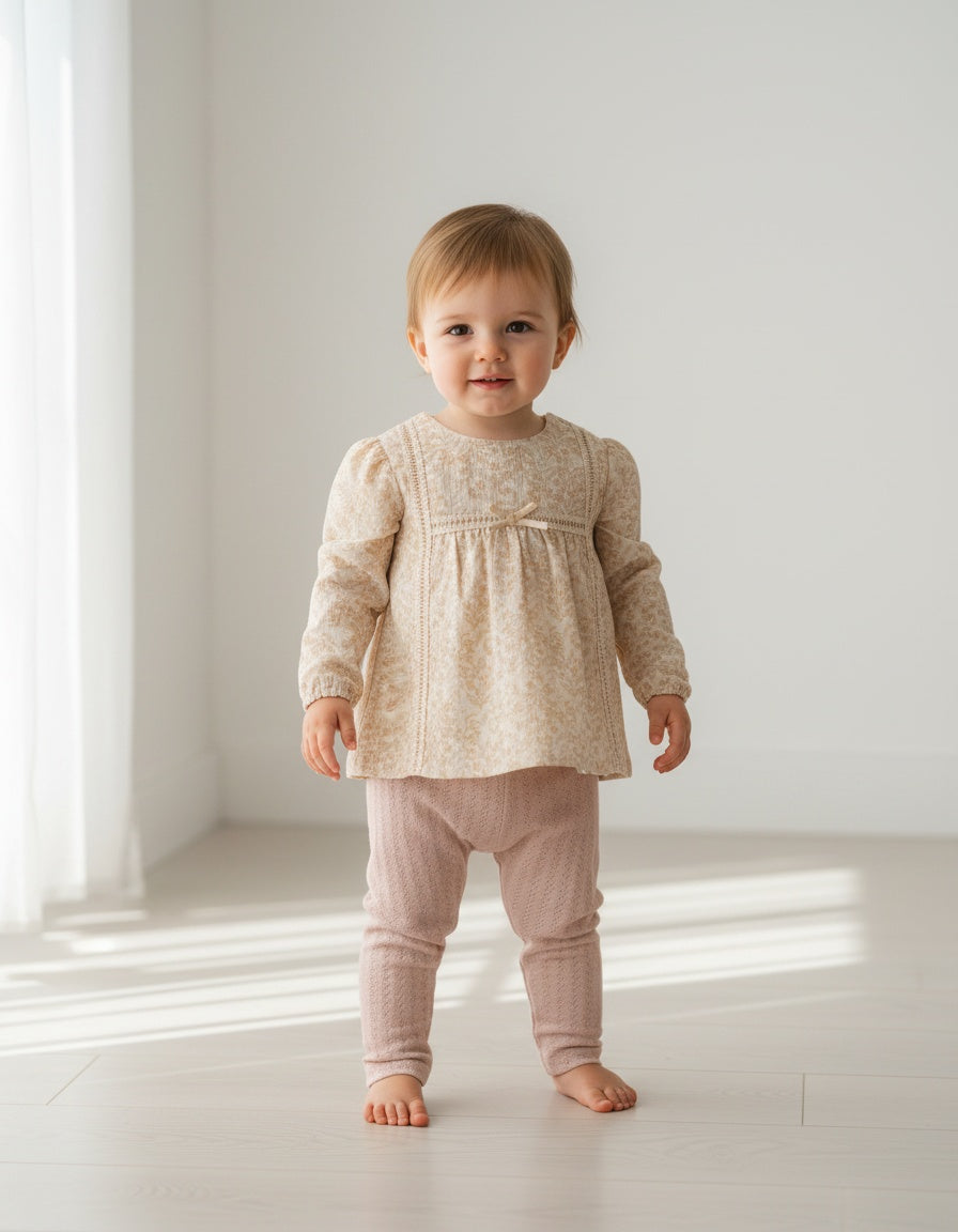 Girls Spanish beige floral top and pink leggings set