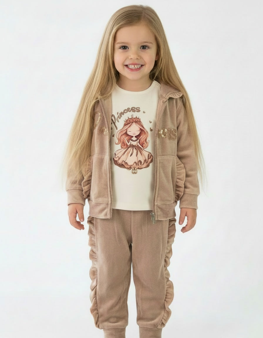 Girls beige velour ruffle 3 piece princess set with hoodie and trousers