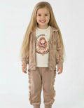 Girls beige velour ruffle 3 piece princess set with hoodie and trousers