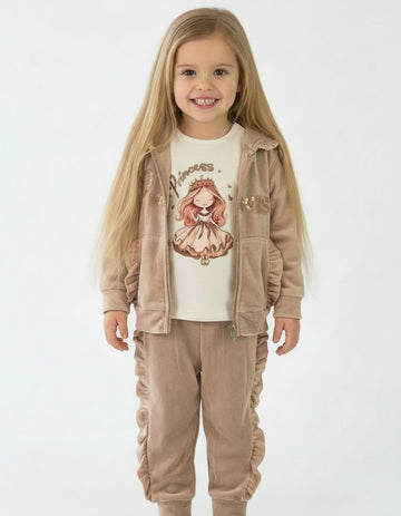 Girls beige velour ruffle 3 piece princess set with hoodie and trousers
