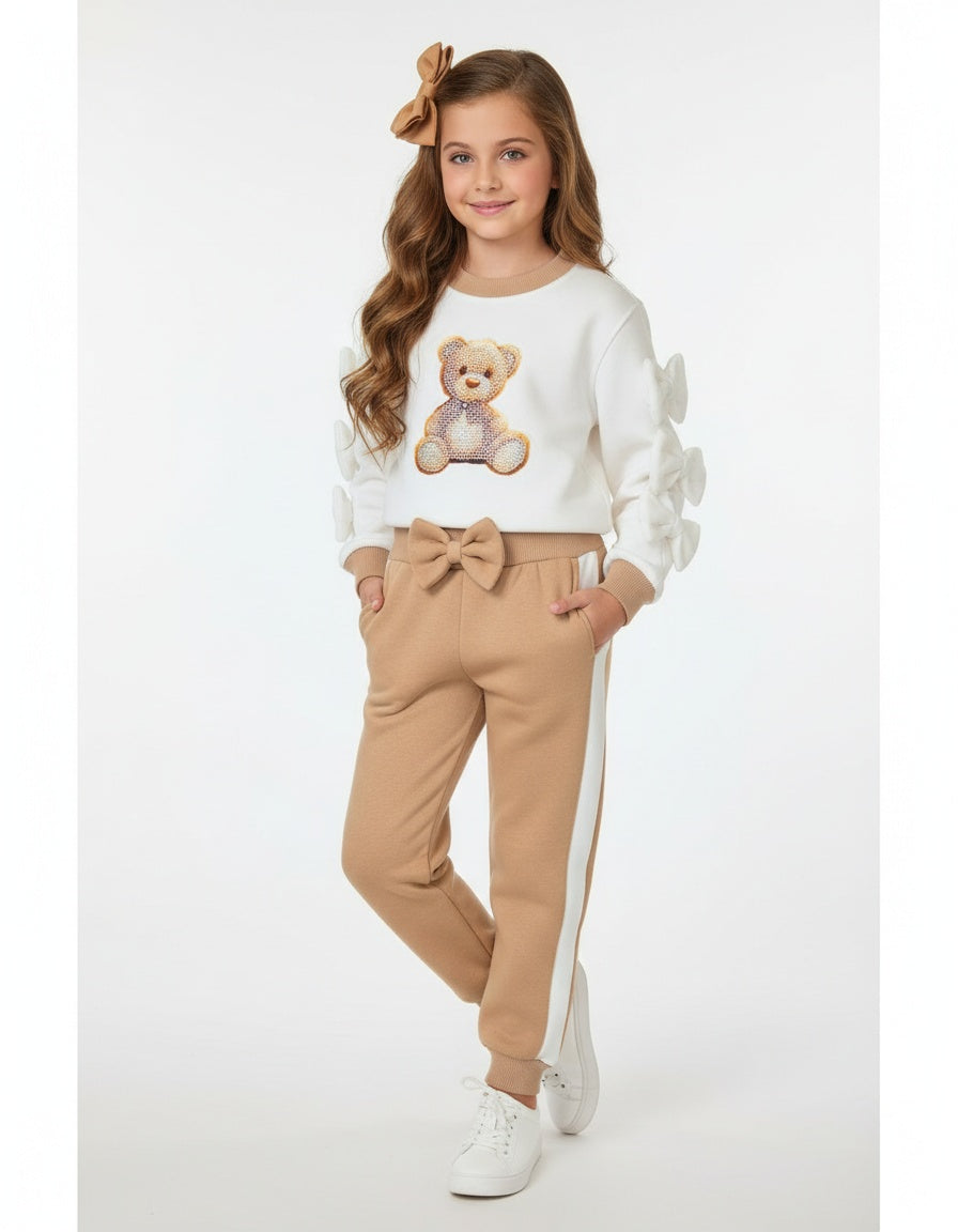 Girls beige and cream sparkly teddy fleece-lined leisure set by Neon Kids