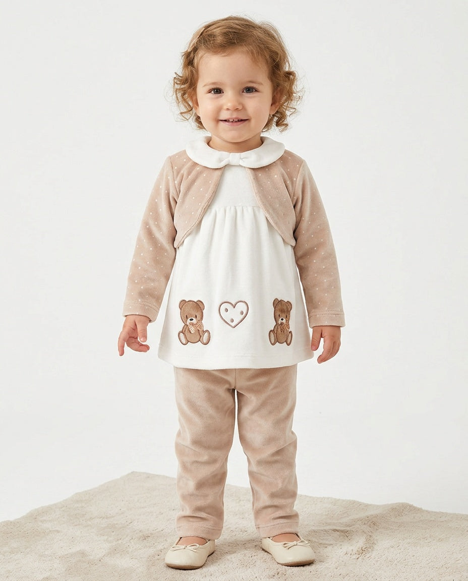 Girls beige velour teddy swing top and trousers set