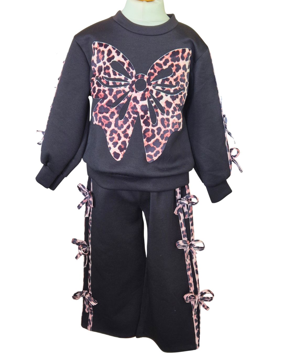 Girls black animal print top and flared trousers set