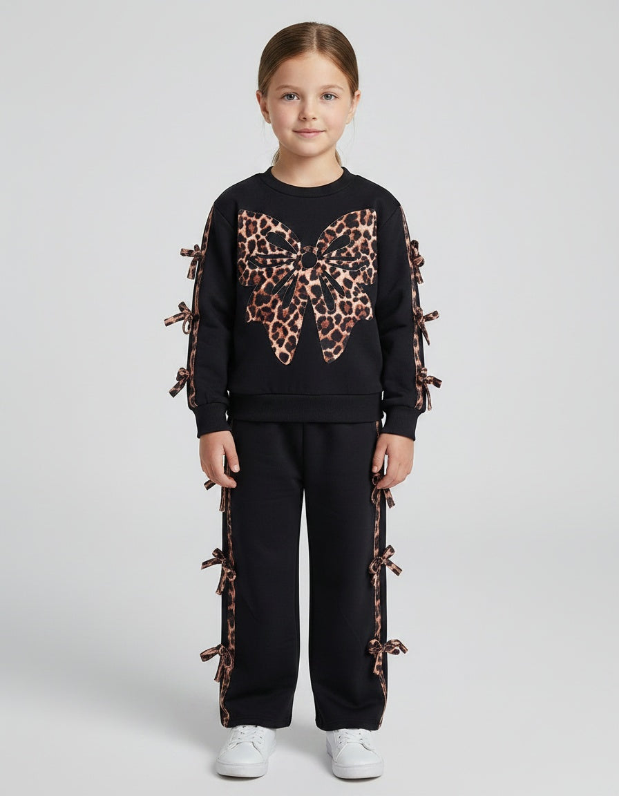 Girls black animal print bow leisure suit with flared trousers