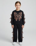 Girls black animal print bow leisure suit
