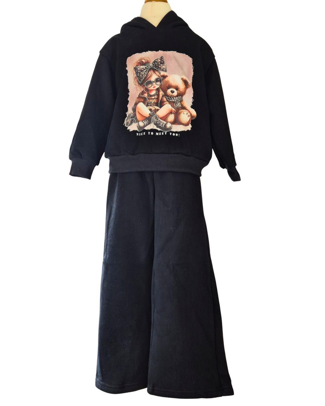 Girls black leisure suit with diamante girl and teddy bear motif