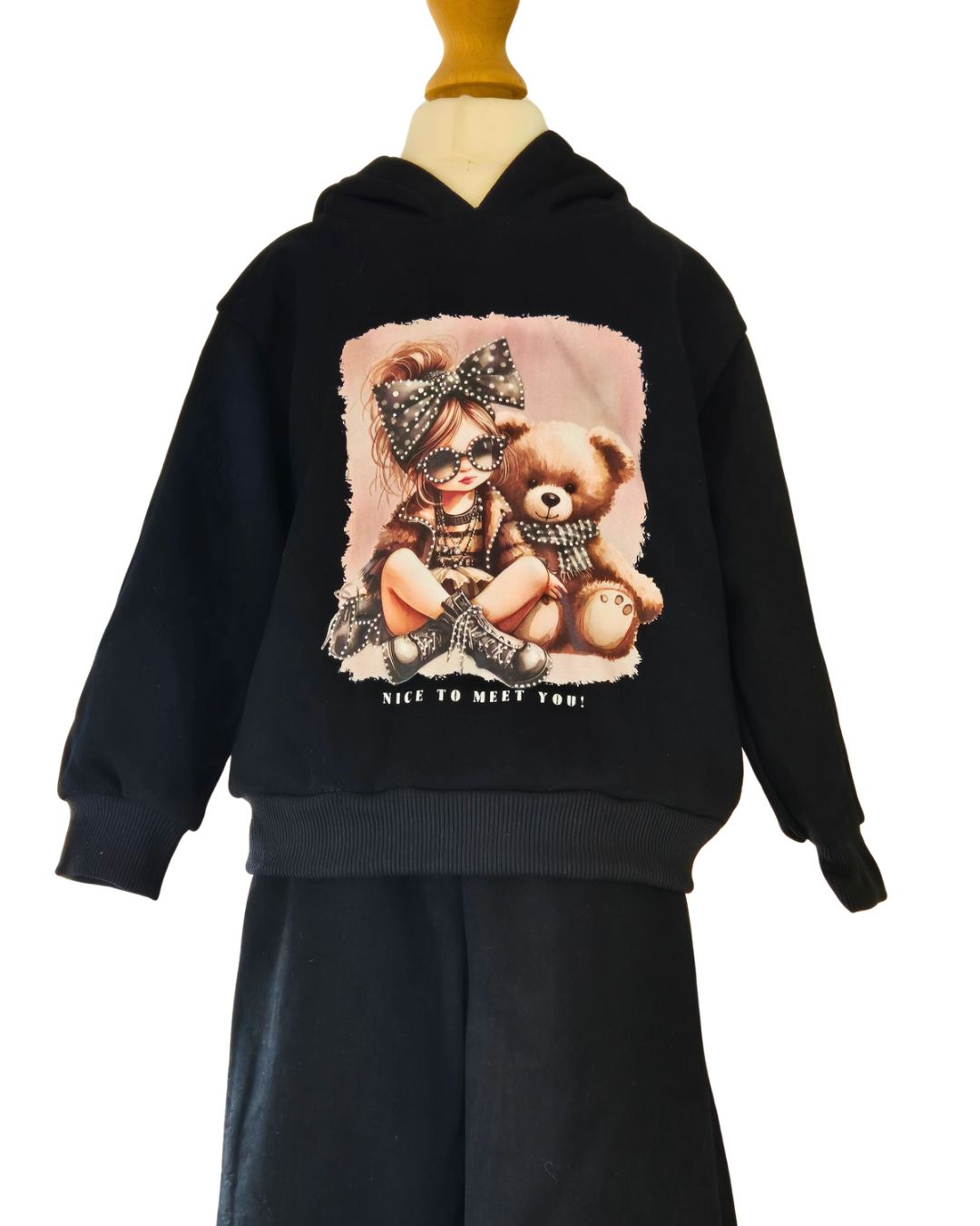 Girls black tracksuit with girl and teddy motif
