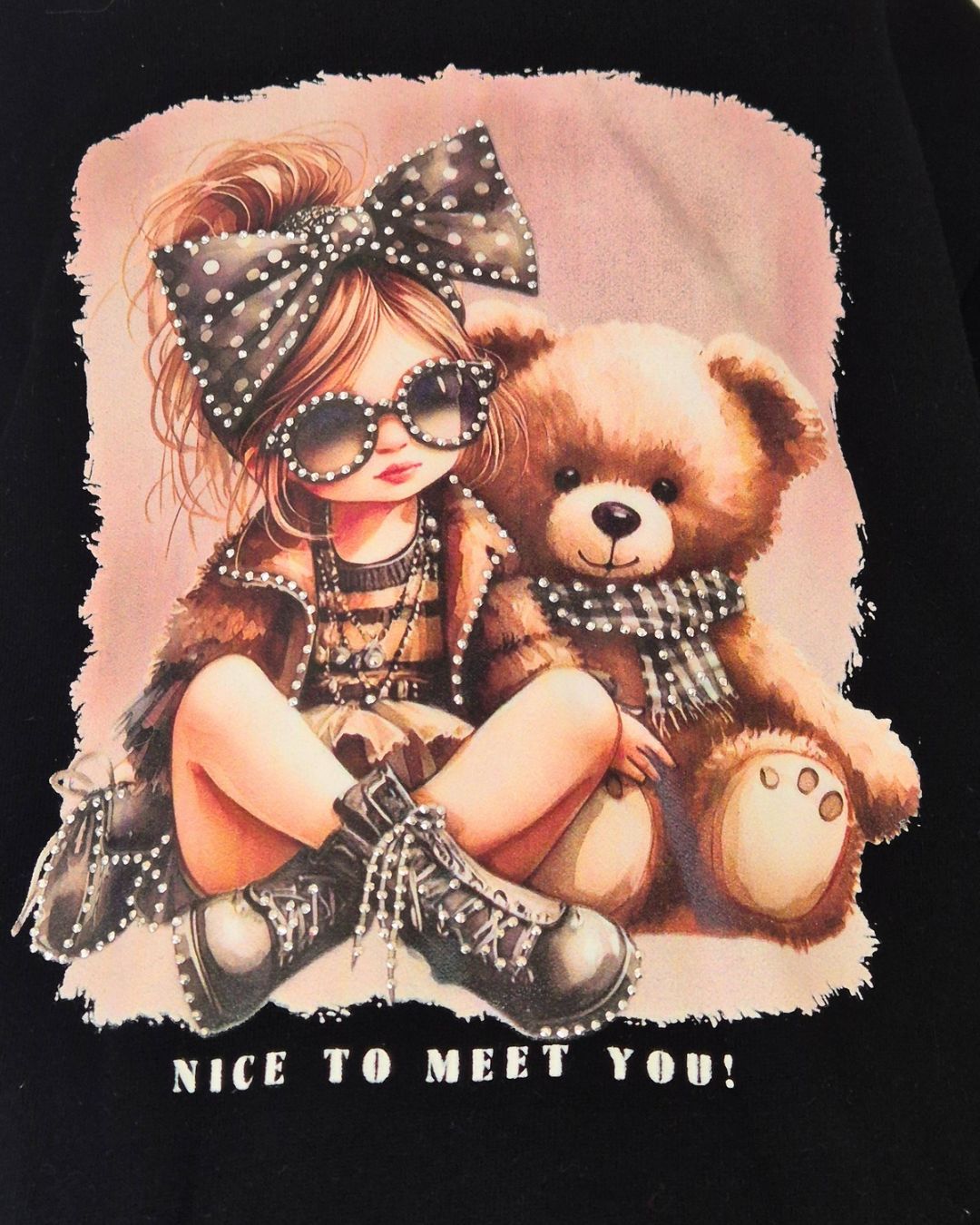 Girls black casual outfit with girl and teddy bear design