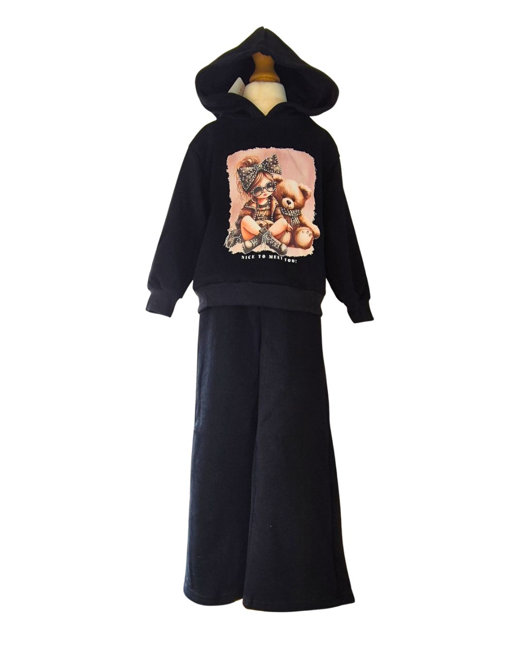 Girls black hooded leisure suit with diamante teddy bear design