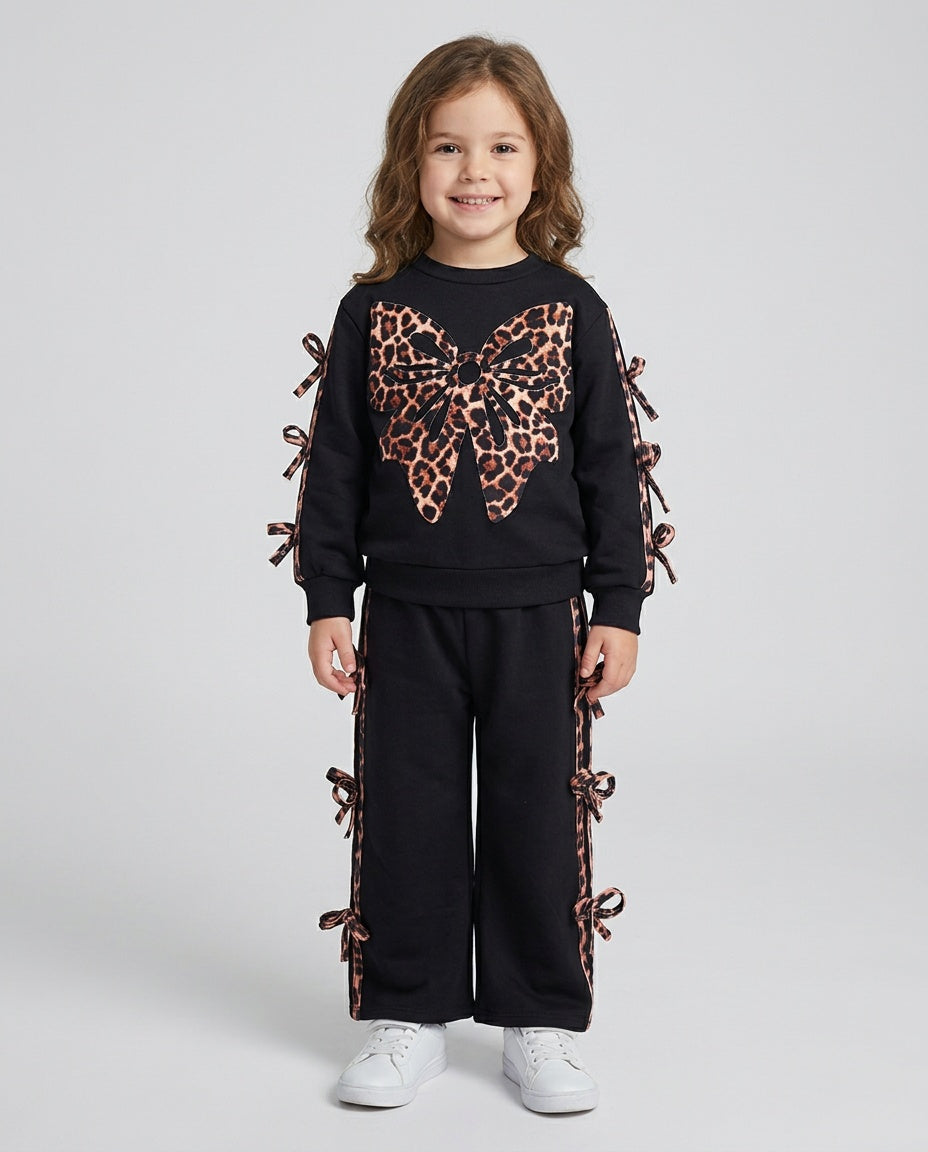 Girls black animal print bow leisure suit with flared trousers