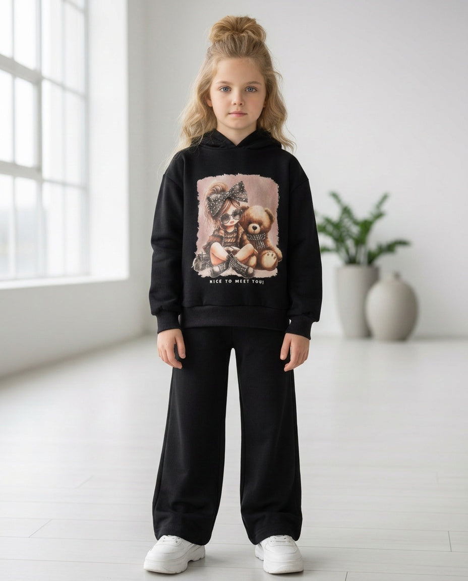 Girls black leisure suit with diamante girl and teddy bear motif