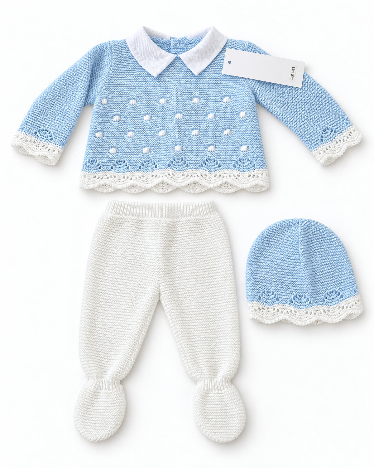 Baby boy knitted outfit with matching blue beanie hat
