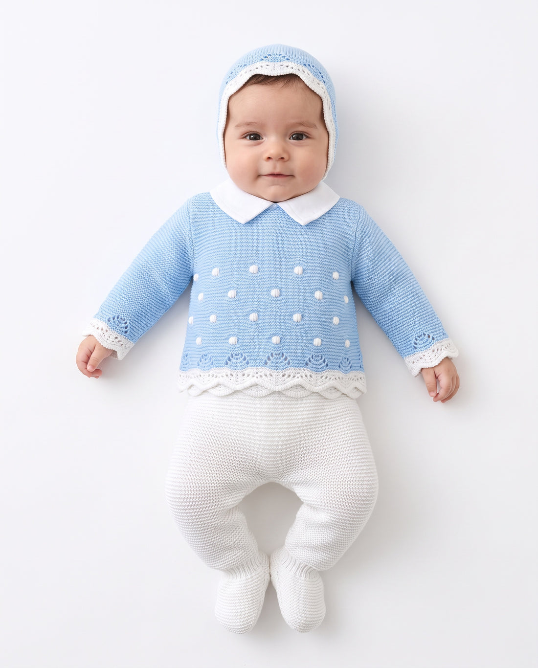 Baby boys’ blue and white knitted three-piece set by Fruit De Ma Passion