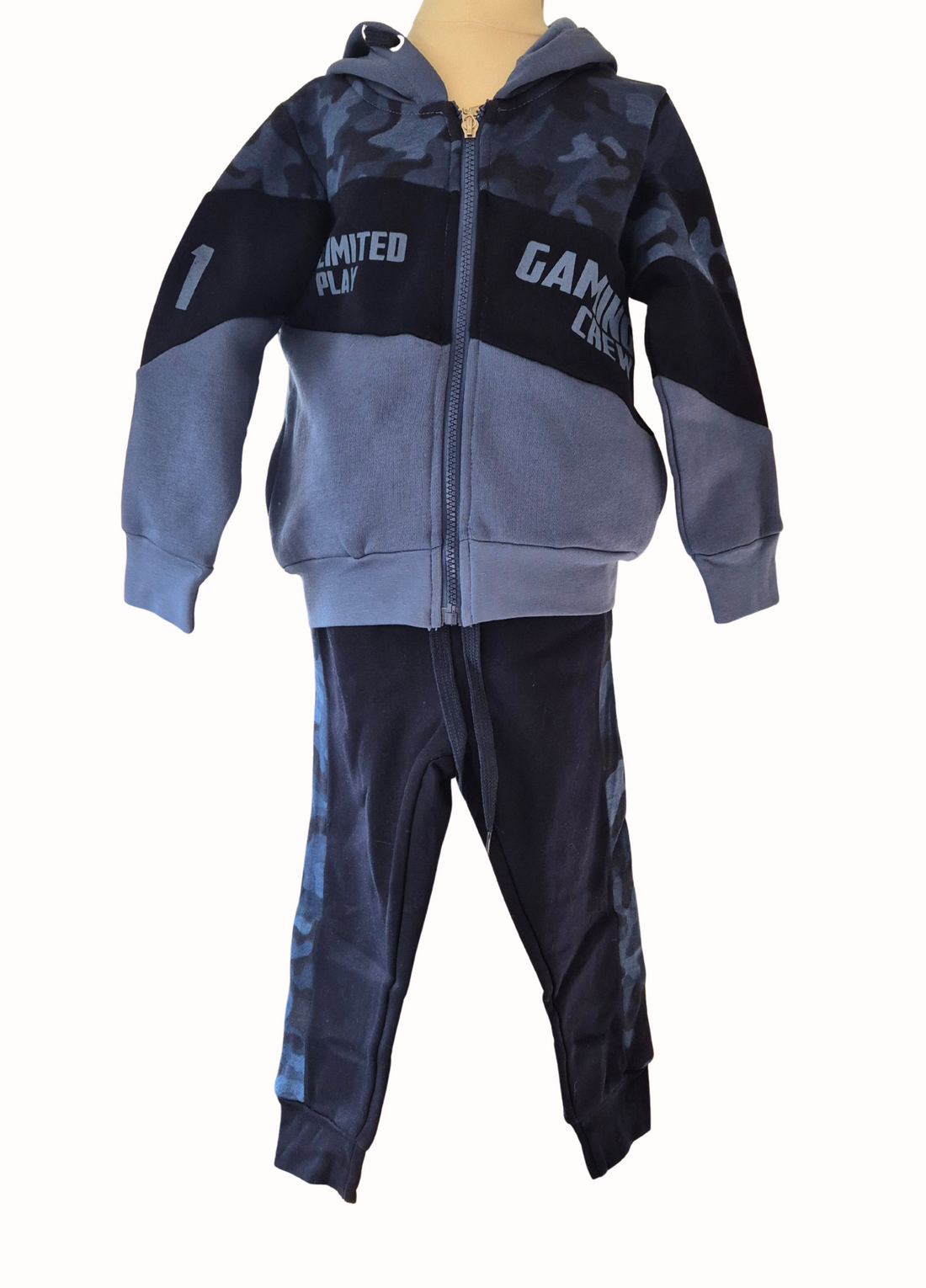 Blue and navy tracksuit with hood on a white background