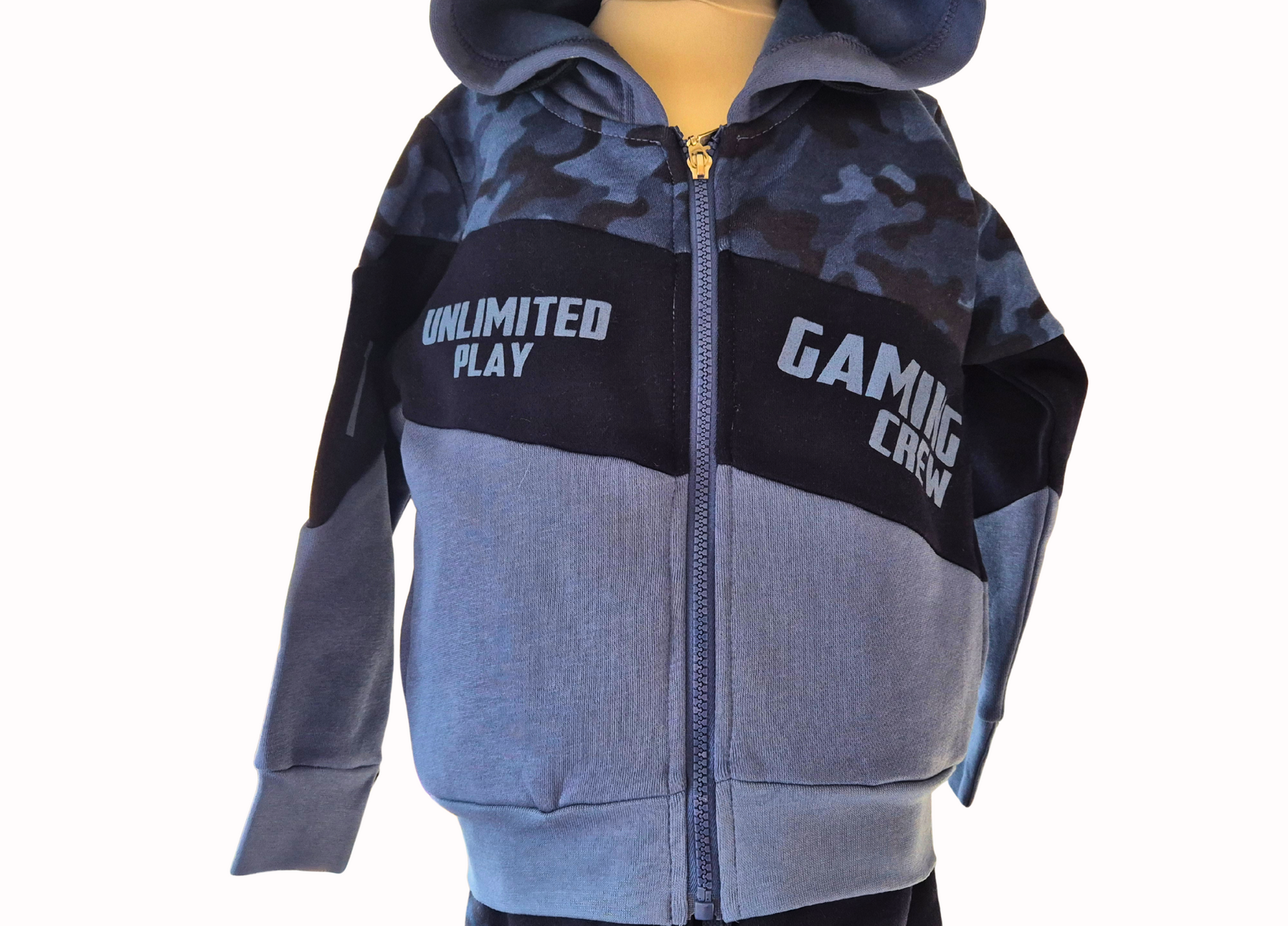 Blue and navy hoodie with text on a white background