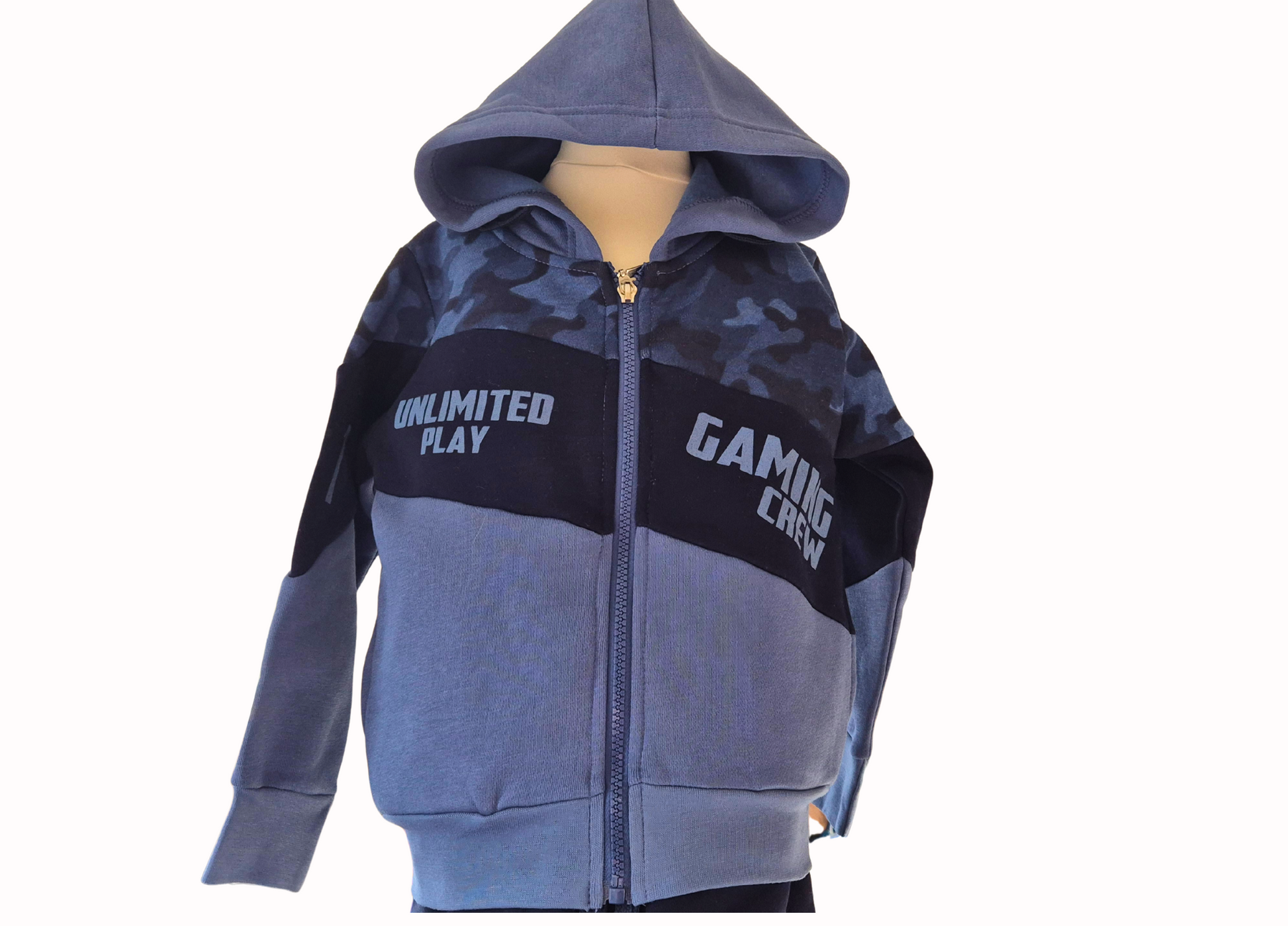 Blue and Navy hoodie with text on a white background