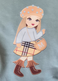 Illustration of a girl with a plaid skirt, boots, and a handbag on a light blue background