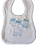 Baby bib with blue satin ribbon bow detail