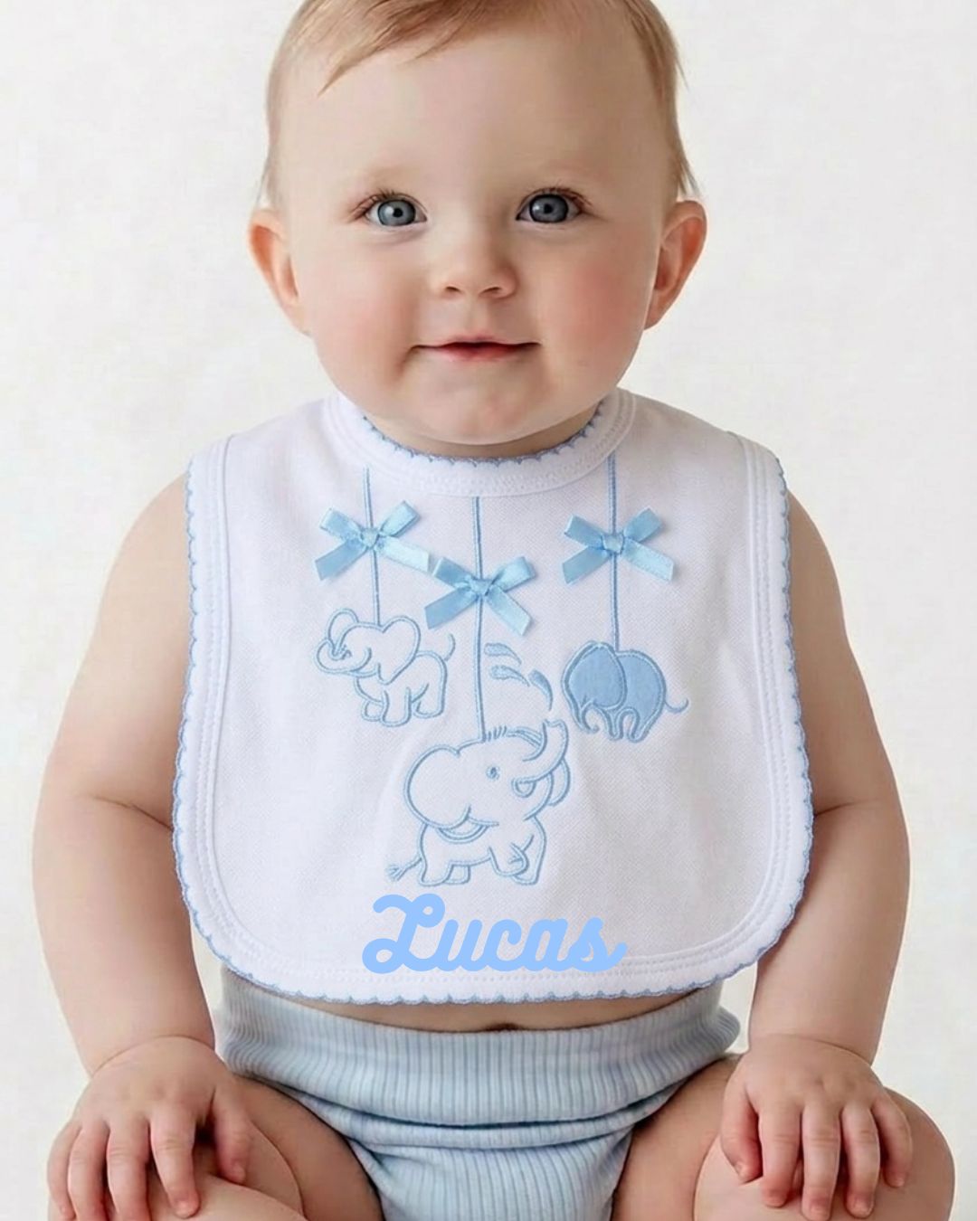 Personalised baby boy bib with elephant embroidery