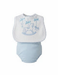 Blue rocking horse bib with Velcro fastening