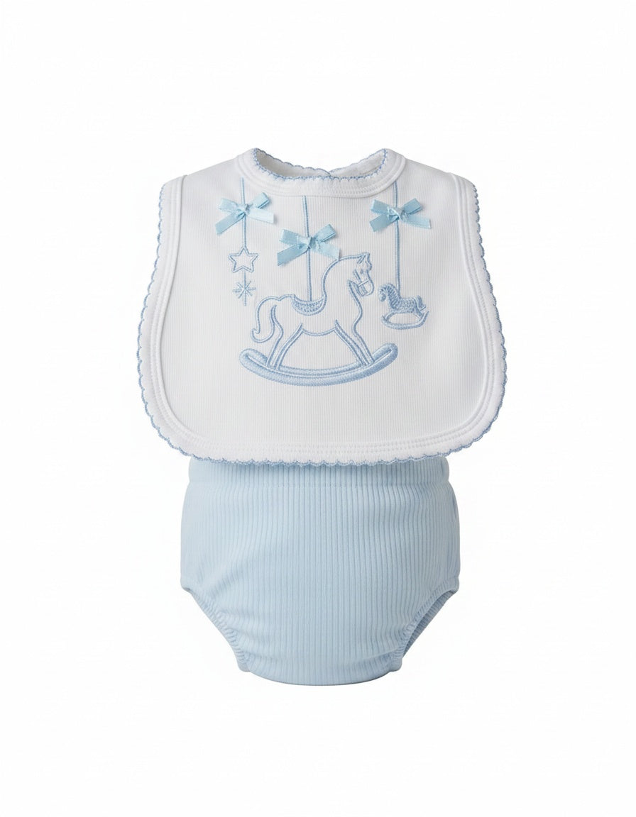 Blue rocking horse bib with Velcro fastening