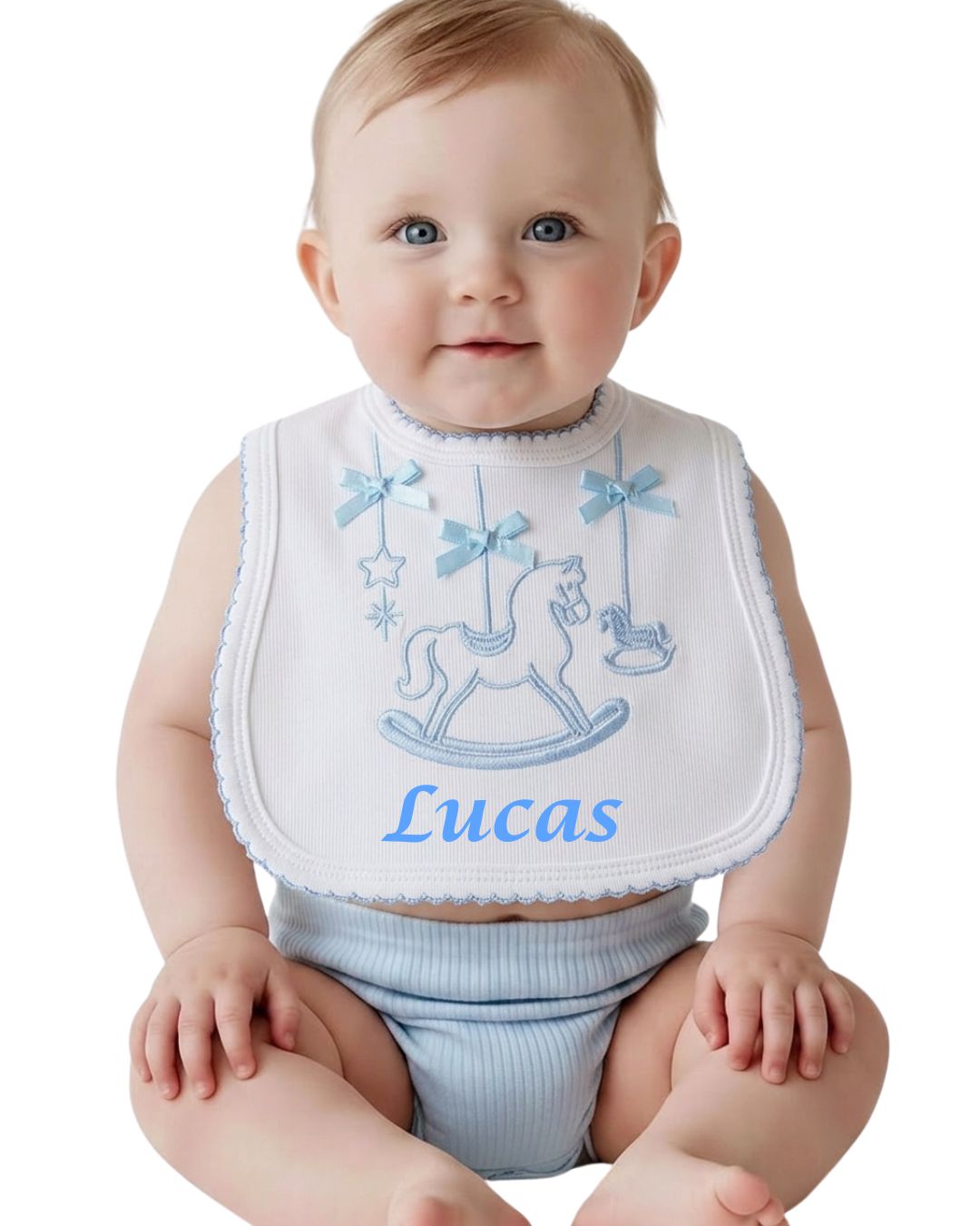 Personalised baby boy bib with rocking horse embroidery