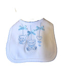 Baby bib with blue satin ribbon bow detail