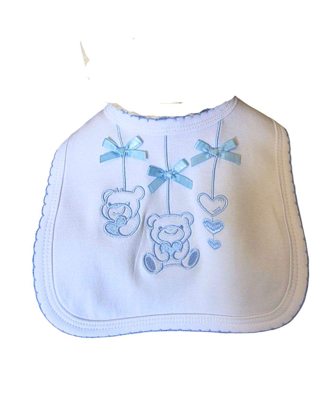 Baby bib with blue satin ribbon bow detail