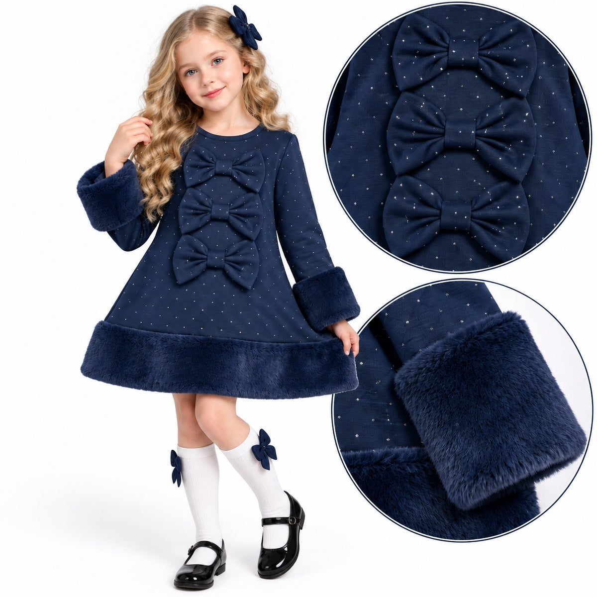 Girls blue bow dress with faux fur hem for Christmas