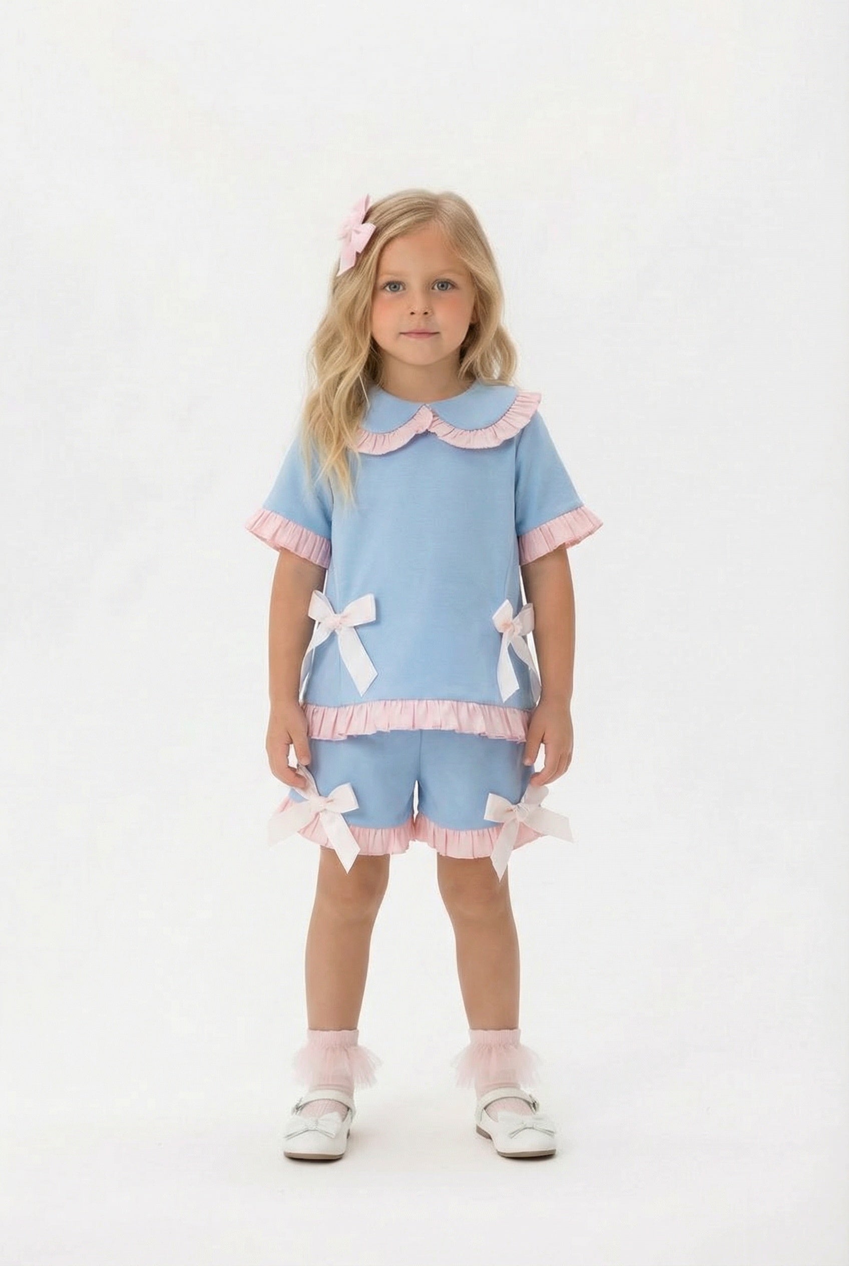 girls baby blue frill shorts and top set with pink bows