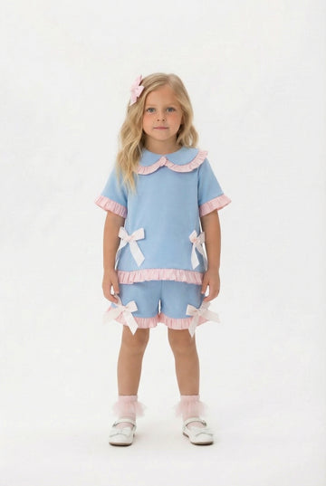 girls baby blue frill shorts and top set with pink bows