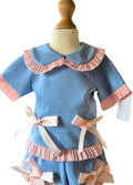 girls blue shorts set with peter pan collar
