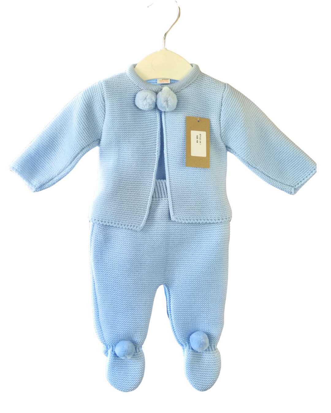 Baby blue knitted newborn boy cardigan and footed trousers set with matching pom pom details